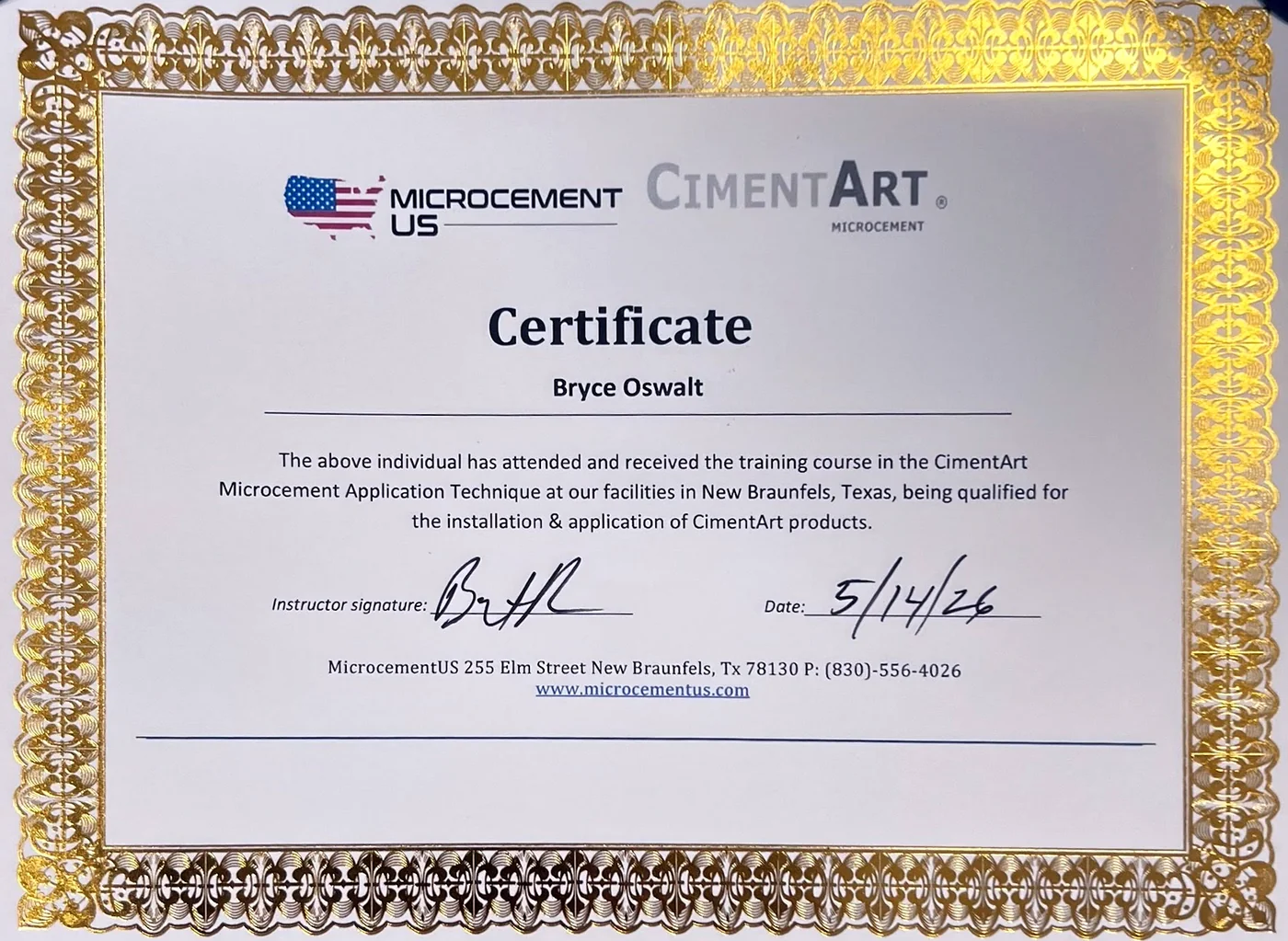 Bryce Oswalt microcement application certification from Microcement US