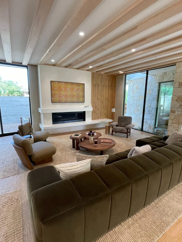 Microcement fireplace surround and feature wall in a modern living room